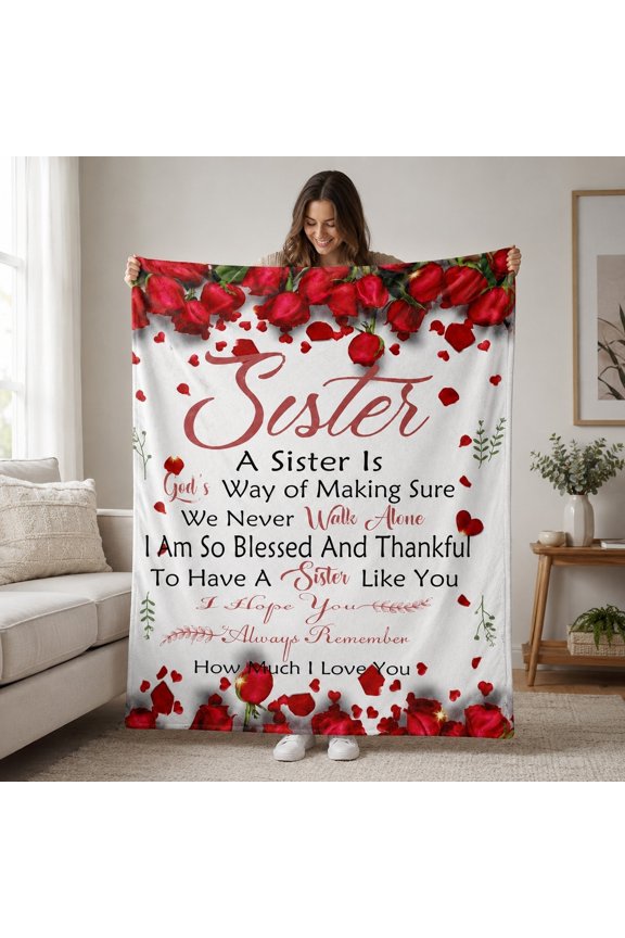 Sister Fleece Blanket with Red Rose Design, 280gsm Polyester Throw Blanket, Sentimental Gift Blanket for Sister, Multiple Sizes