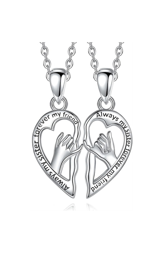 Sister Friend Heart Pendant Necklace Set, Best Friends Split Heart Design, Sterling Silver Chain, 2 Pieces