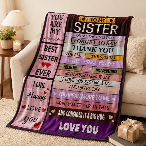 Sister Gift Fleece Blanket, Soft 280 GSM Polyester Throw with Heartfelt Message
