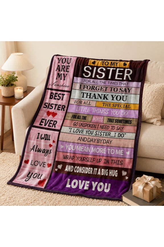 Sister Gift Fleece Blanket, Soft 280 GSM Polyester Throw with Heartfelt Message