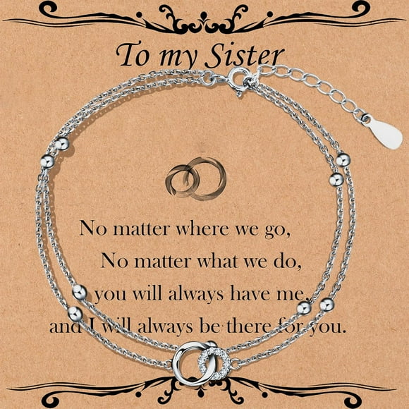 Sister Gift, Sterling Silver Interlocking 2 Circles-Dainty Layering Bracelets for Sisters, Sister Birthday Gifts from Sister, Christmas Valentine's Day Jewelry Gifts for Sister