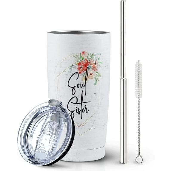 Sister Gifts from SisterTumbler with Straw and Lid 20 oz Double Wall Stainless Steel Vacuum Insulated Coffee Wine Tea Travel Mug for Women