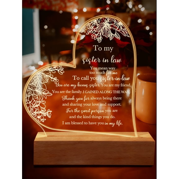 To My Sister in Law Acrylic Night Light, Marriage Gift for Bride, Sister Friendship Acrylic Heart Keepsake for Birthday Wedding Gift from Sister Brother In Law LED Night Light