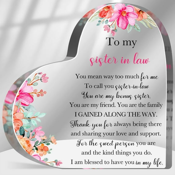To My Sister in Law Sign, Thank You Gift for Women Sister, Marriage Gift for Bride, Sister Friendship Acrylic Heart Keepsake for Birthday Wedding, Sister in Law Wedding Gift
