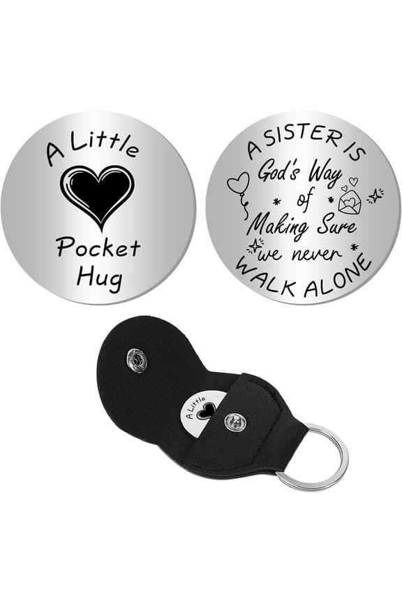 Sister Pocket Hug Token Long Distance Relationship Keepsake Engraved Stainless Steel Double Sided Pocket Token Coin with PU Leather Keychains for Family Bestie Inspirational Gift 1.2Inch DIY