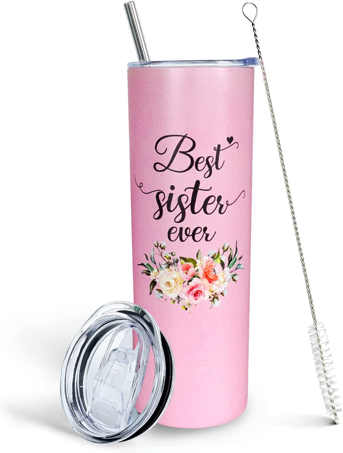 Sister Tumbler with Lid and Straw Best Sister Ever Cup Insulated Stainless Steel Mug for Big Sister/ Little Sister Birthday Sister Gifts from Sister Friendship Gifts for Women