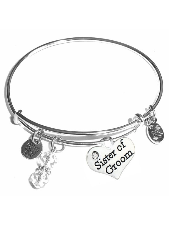 Sister of Groom Message Charm Expandable Wire Bangle Bracelet, COMES IN A GIFT BOX!