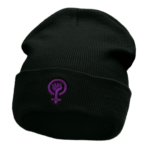 Sisterhood Logo Embroidered Long Knitted Beanie - Black OSFM