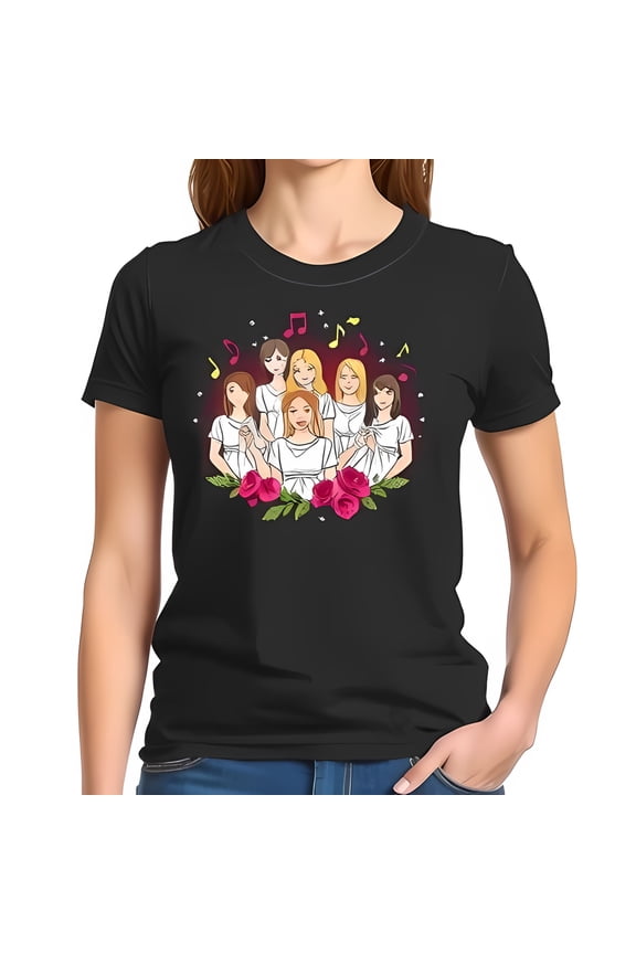 Sisterhood T-Shirt for Black Women - Elegant White-Dressed Women with Pink Roses & Musical Notes