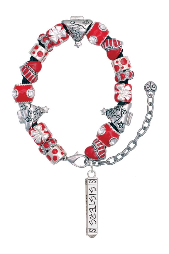 Sisters Best Friends Forever Bar Red Christmas Bead Bracelet