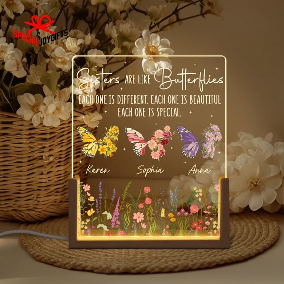 Sisters Butterfly Birth Flower Nightlight Personalized Acrylic Desktop Lamp Best Friend Friendship Bond Sister Birthday Decoration