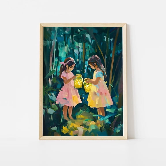 Sisters Catching Fireflies Poster Magical Summer Night Whimsical Decoration, Unframed Poster