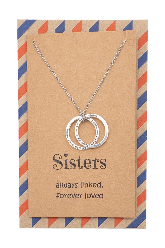 Sisters Forever Necklace with Engraved Rings Pendant, Gifts for Sisters with Inspirational Quote Greeting Card (Ring Size: 7)