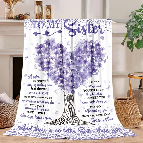 Sisters Gifts from Sister, Purple Giving Tree Throw Blanket for Best Sister, Graduation Christmas Birthday Gifts for Little Girls, Soft Warm Cozy Plush Flannel Blankets 50"X40"