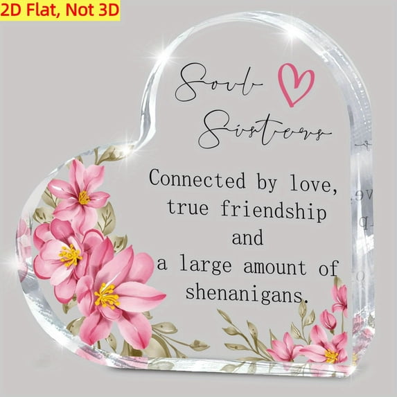 Sisters Heart Plaque 3.9X3.9 Inch Floral Friendship Decoration With Pink Flowers Acrylic Tabletop Decor For Birthday Christmas Gifts Desk Shelf Display Lightweight Keepsake For Women Sisters