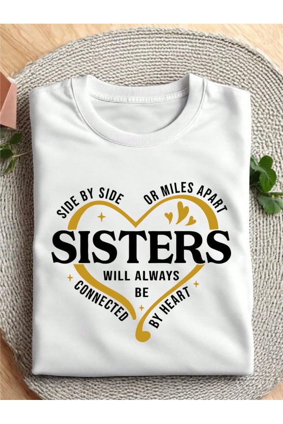 Sisters Side by Side or Miles Apart Connected by Heart Women's Graphic T-Shirt, White Short Sleeve Tee