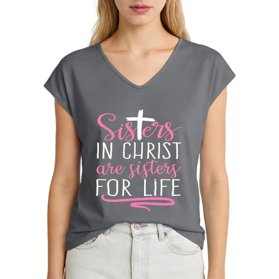 Sisters in Christ are Sisters for Life Holy Christian Faith Womens T Shirts, Short Sleeve V-Neck Shirts Cute Fit Summer Casual Tee Tops Gray 2XL