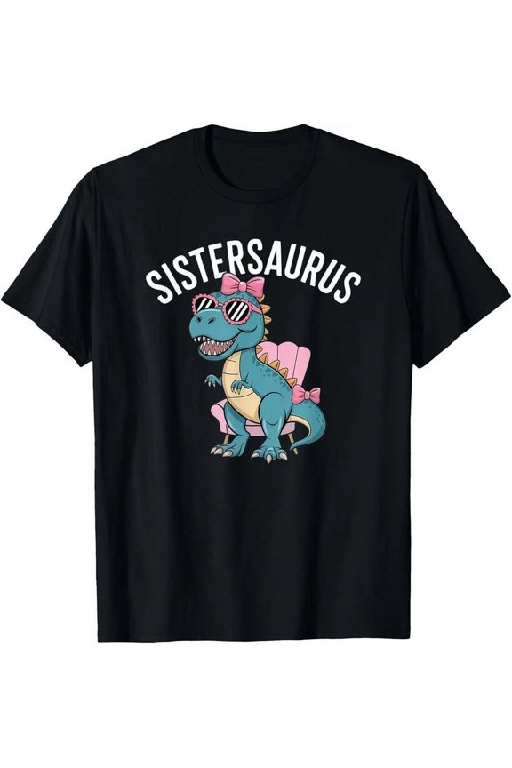 Sistersaurus Dinosaur T-Rex Funny Graphic Tee Retro Pink Bow Sunglasses Matching Family Apparel