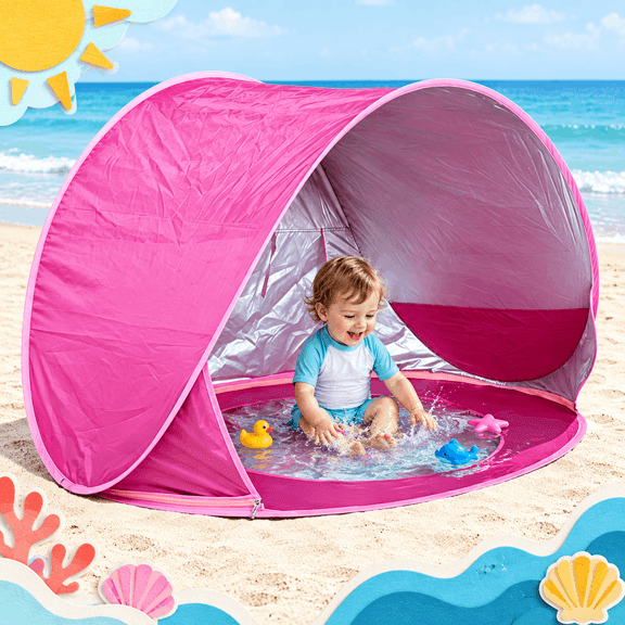 Sisticker Baby Beach Tent with Built-In Sunken Splash Pool, Sun Shade Shelter with Storage Pocket, Magenta Pink Polyester Taffeta with Silver Coating, 47.2 x 31.5 x 27.6 in