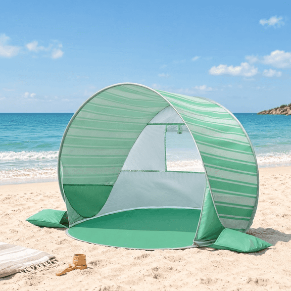 Sisticker Baby Beach Tent, Pop Up Infant Sun Shelter with UV-Resistant Silver-Coated Taffeta, Ventilated Mesh Windows, Side Pockets, Green Stripe, 51 x 50 x 31 in