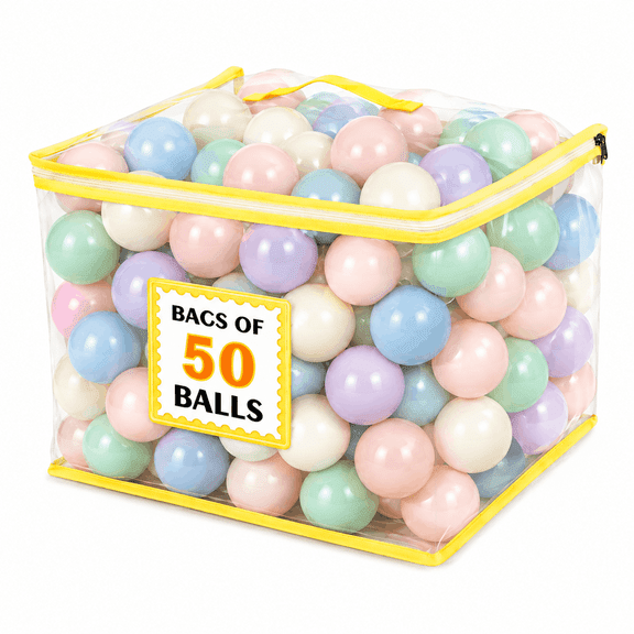 Sisticker Ball Pit Balls, Plastic Play Balls, 50-Count Assorted Ocean Balls for Kids, Smooth Lightweight Durable Balls with Clear PVC Bag, Yellow Blue Orange Green Pink Purple