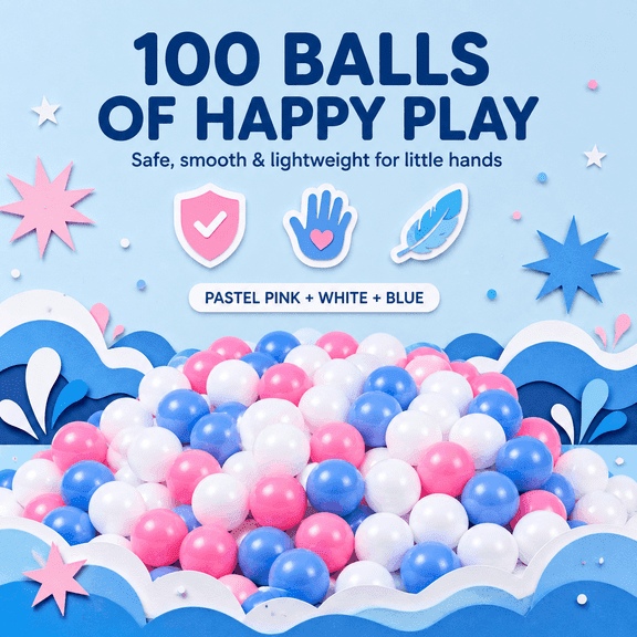 Sisticker Ball Pit Balls, Plastic Play Balls, Ocean Balls, 100 Count Pink White Blue Kids Indoor Activity Balls for Play Tents, Playhouses and Ball Pools with Clear PVC Storage Bag