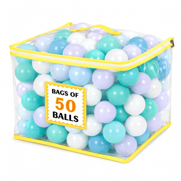 Sisticker Ball Pit Balls, Play Balls, Colorful Plastic Balls, 50-Pack Aqua, White and Blue Set with Clear PVC Storage Bag for Kids' Ball Pits, Play Tents, Playpens and Indoor Activities