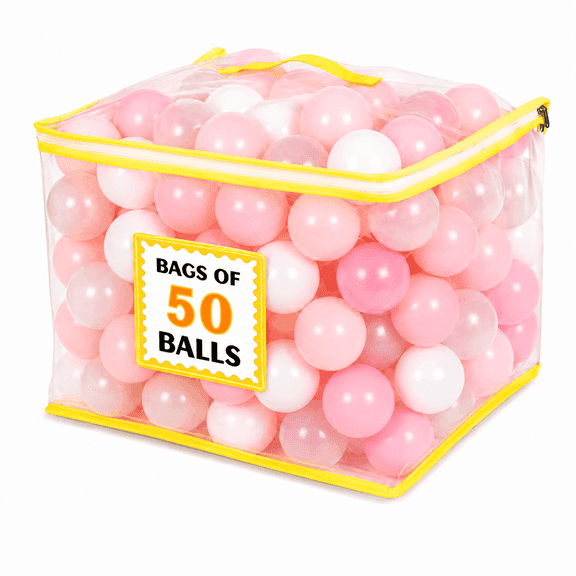 Sisticker Ball Pit Balls, Play Balls, Plastic Balls for Kids, 50-Count Pink White Clear Lightweight Indoor Outdoor Toy Set with Transparent PVC Storage Bag