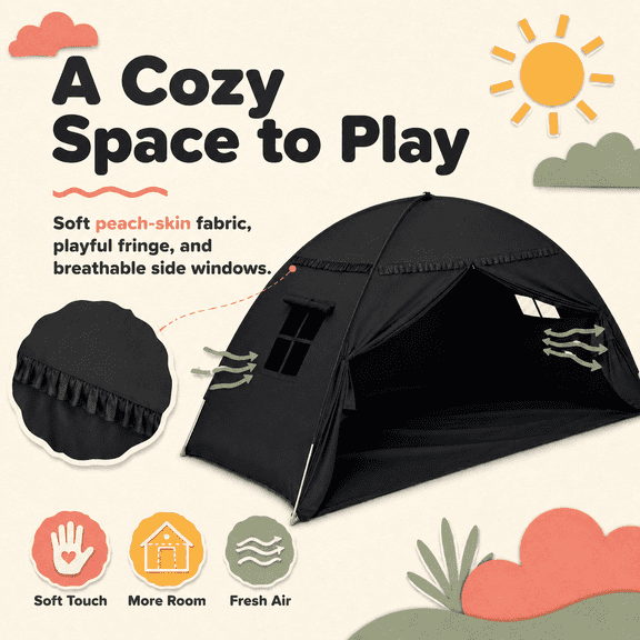 Sisticker Kids Bed Tent, Black Play Tent Canopy with Windows, Twin Bed Privacy Tent for Boys Girls, 78 x 39.8 x 45.7 in, Peach Skin Velvet with Tassel Pennant Banner