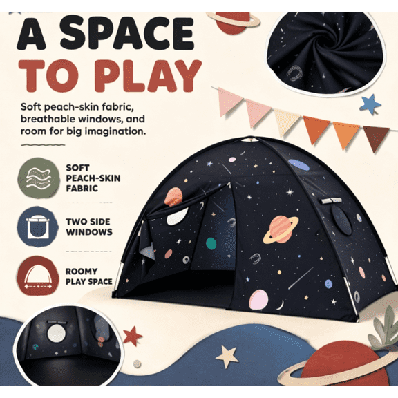 Sisticker Kids Bed Tent, Space Play Tent with Windows, Large Indoor Bedroom Canopy for Twin Bed, Black Peachskin Fabric, 78 x 39.8 x 45.7 in
