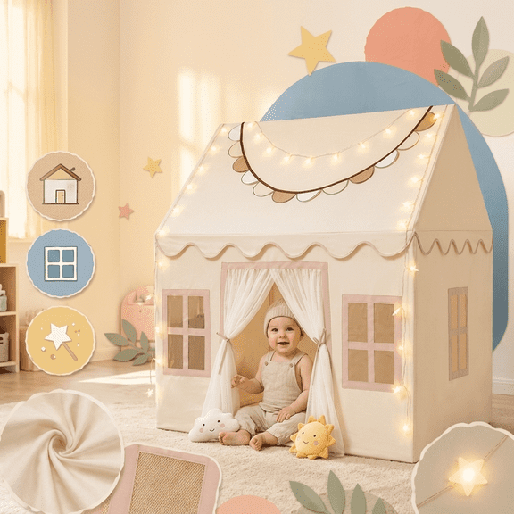 Sisticker Kids Play Tent Indoor House with Mesh Door and Side Windows, Peach Skin Fabric, Gold Sand, 113 x 77 x 115 cm, Includes Floor Mat, Bunting and 3 m Star Lights