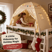 Sisticker Queen Size Kids Canopy Bed Tent, Indoor Pop-Up Teepee Tent for Boys & Girls with Fringe Door, Roll-Up Windows, Star Lights and Pennant Flags, Golden Beige