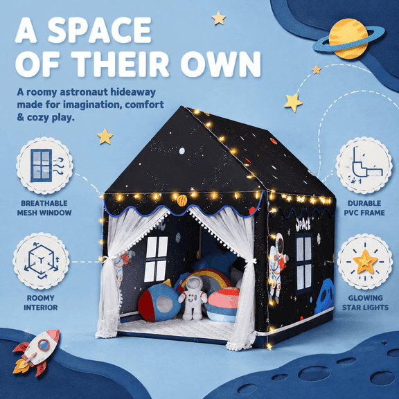 Sisticker Kids Play Tent, Indoor Kids Tent with Side Door, Space Astronaut Theme, Star String Lights, Mesh Windows, Peach Skin Fabric, 47.2 x 40.9 x 50.8 in, Black