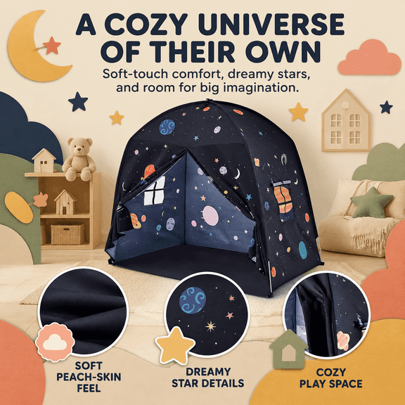 Sisticker Kids Play Tent Indoor Playhouse Toddler Tent, Black Starry Sky Hideaway for Bedroom & Nursery, Peach Skin Velvet, 64.2 x 39.4 x 56.3 in