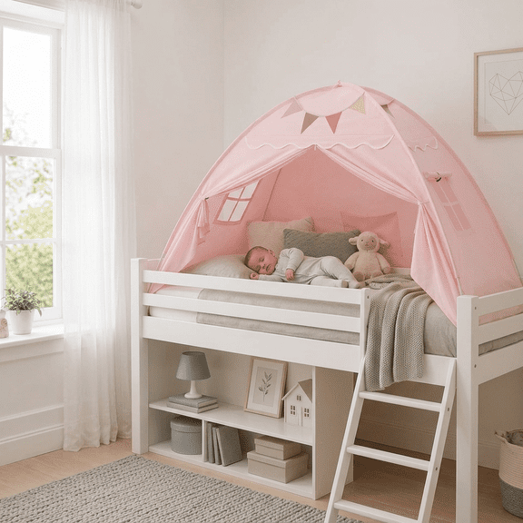 Sisticker Kids Play Tent, Pink Princess Indoor Tent for Girls, Single Child Bed Tent for Upper Bunk or Bedroom, Peach Skin Fabric, 78 x 56 x 52 in