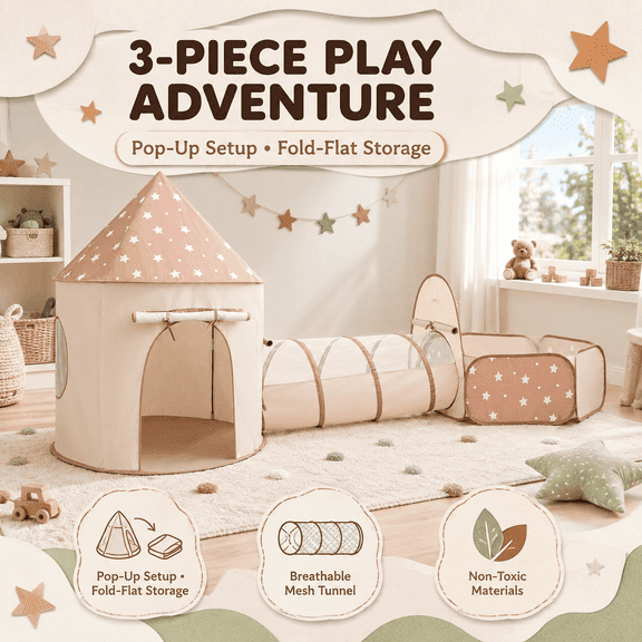 Sisticker Kids Play Tent Set with Tunnel and Ball Pit, 3-Piece Brown Star Indoor Outdoor Pretend Playhouse for Toddlers, Foldable Taffeta, 113.4 x 44.5 x 50 Inches