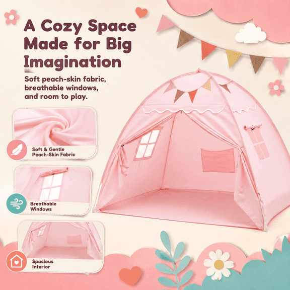 Sisticker Pink Bed Tent for Girls, Flower House Play Tent with Windows and Pennant Banner, Peach Skin Velvet Kids Twin Bunk Bed Canopy, 78 x 40 x 46 in
