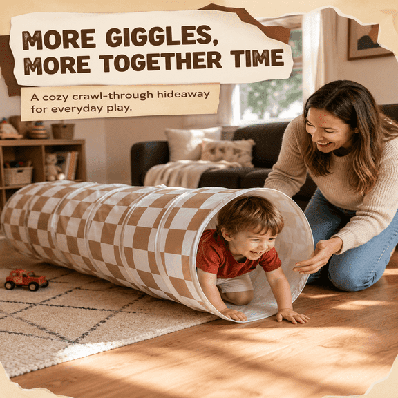 Sisticker Pop Up Play Tunnel, Kids Crawl Tunnel, Checkered Tunnel for Indoor Outdoor Fun, Foldable Family Activity Tube with Storage Bag, 69 x 18 in Brown Peachskin Fabric