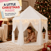 Sisticker Princess Tent for Kids, Kids Play Tent Indoor, White Canopy Playhouse with 40 LED Star Lights, Six-Sided Mesh, Fringe and Polka Dot Design, 54.3 x 47.6 x 53.1 in, Faux 8A Fabric