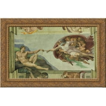 Sistine Chapel Ceiling: Creation of Adam 24x18 Gold Ornate Wood Framed Canvas Art by Michelangelo