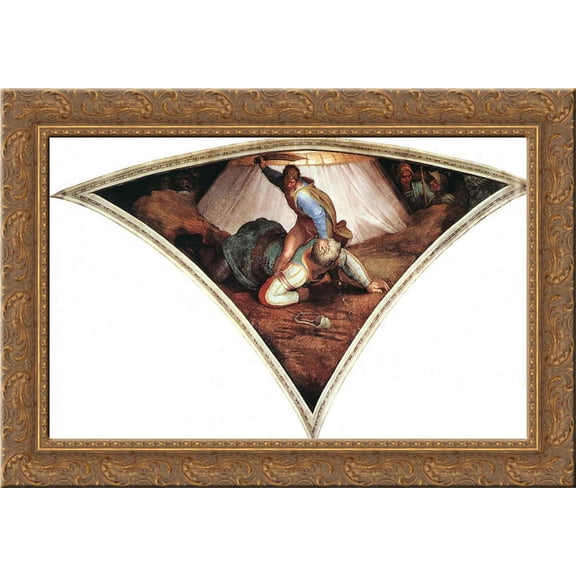 Sistine Chapel Ceiling: David and Goliath 24x19 Gold Ornate Wood Framed Canvas Art by Michelangelo