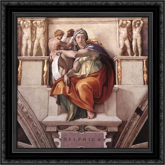 Sistine Chapel Ceiling: The Delphic Sibyl 20x20 Black Ornate Wood Framed Canvas Art by Michelangelo