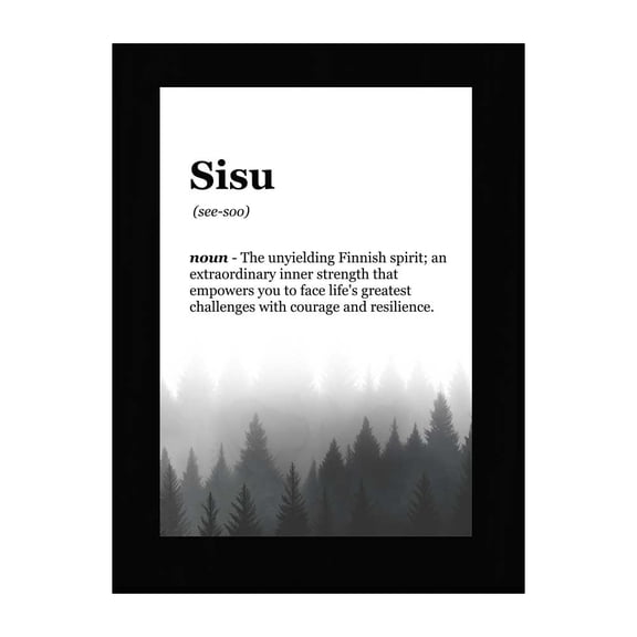 Sisu Definition, Black Frame 7x5 Decorative Wall Plaque With Easel Acrylic Stand | Elegant Forest Design | Inspirational Typographic Decoration