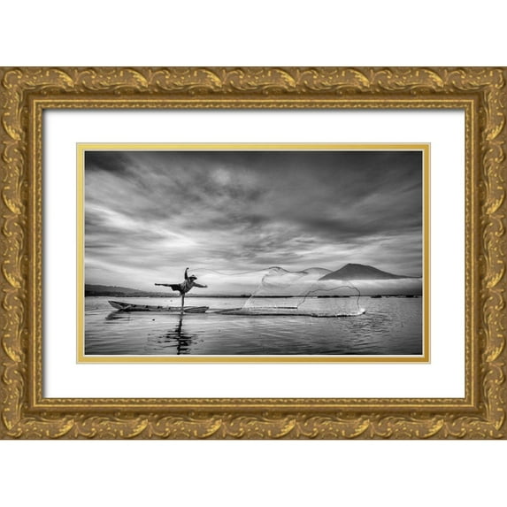 Siswandhono, Arief 32x21 Gold Ornate Wood Framed with Double Matting Museum Art Print Titled - Man Behind The Nets