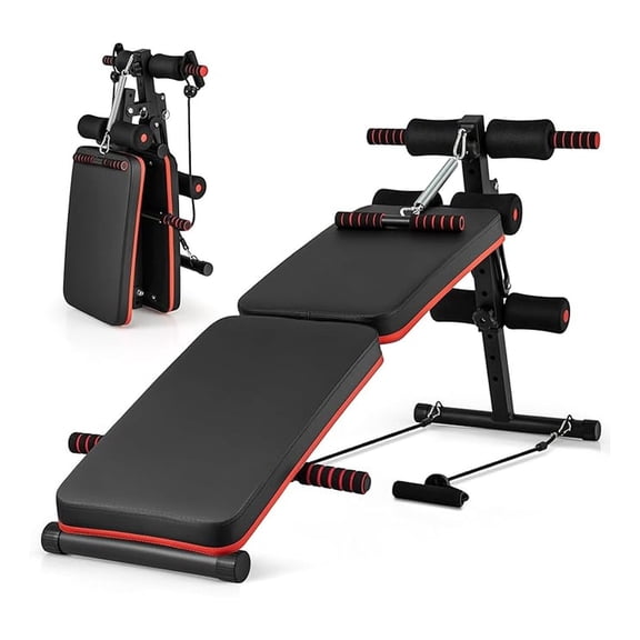 Sit Up , 330lbs Folding Decline Workout with Spring Handle, Elastic Ropes & 4 Level Adjustable Height, Incline Weight for Situp, Ab , Strength Training Exercise for Home Gym