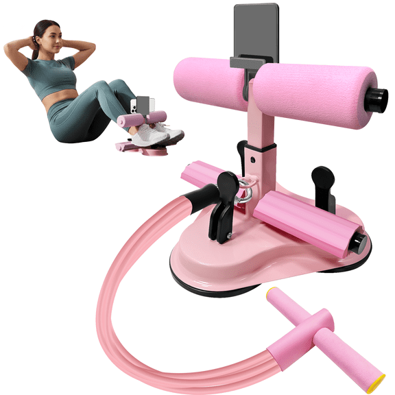 Sit Up Bar Floor, Portable Sit Up Exercise Equipment with 3 Strong Suction Cups and Adjustable Foot Holder and 4 Resistance Bands Abs Master Assistant Device for Home Workout with Massage Roller-Pink