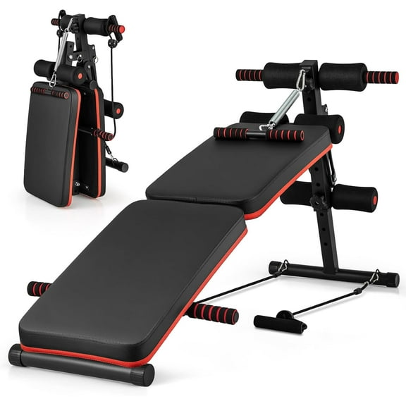 Sit Up Bench, 330lbs Folding Decline Workout Bench with Spring Handle, Elastic Ropes & 4 Level Adjustable Height, Incline Weight Bench for Situp, Ab Crunch, Strength Training Exercise for Home Gym