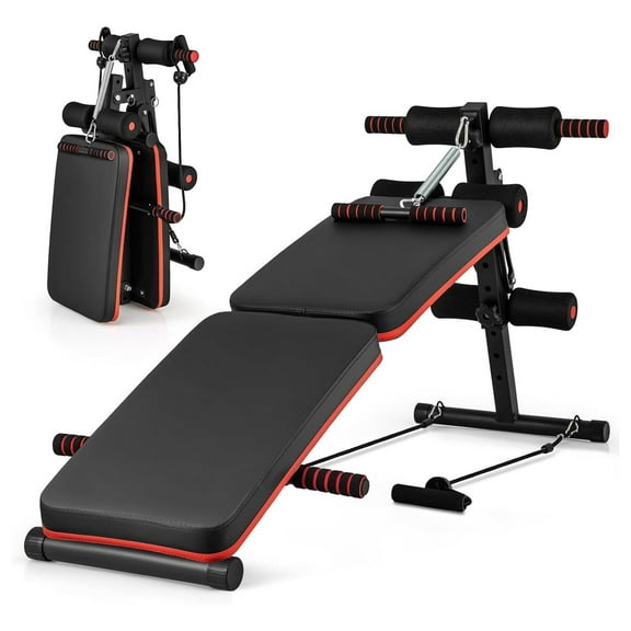 Sit Up Bench, 330lbs Folding Decline Workout Bench with Spring Handle, Elastic Ropes & 4 Level Adjustable Height, Incline Weight Bench for Situp, Ab , Strength Training Exercise for Home Gym