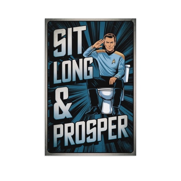 Sit Long And Prosper Poster Funny Bathroom Decor Vintage Style Wall Art Sci Fi Character Sitting on Toilet Bold Design with Space Theme Canvas Poster