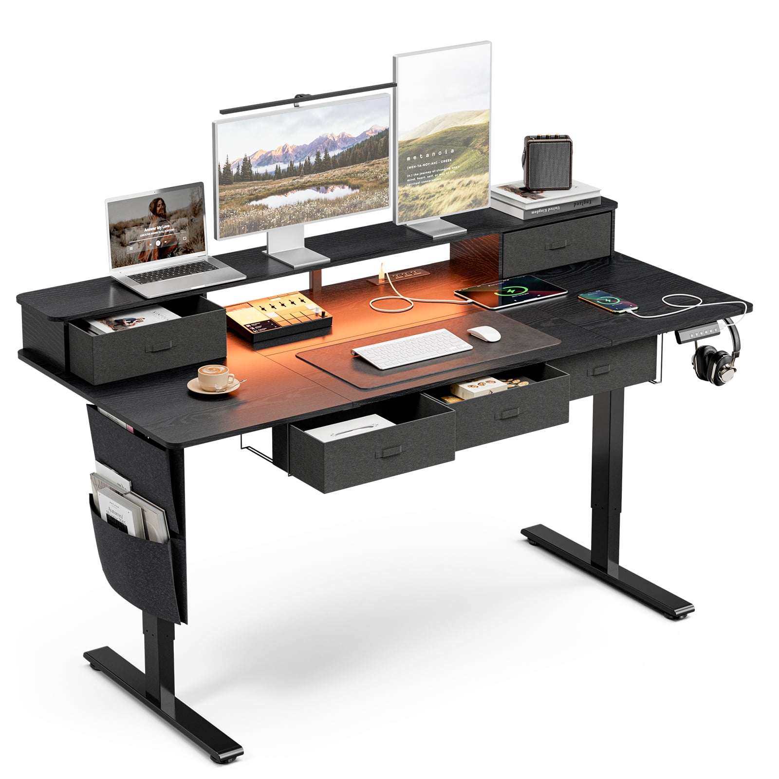 Desk Monitor Rack Sit-Stand Desk with 5 Drawers, Power Hub, LED Lights, Monitor Shelf and ...